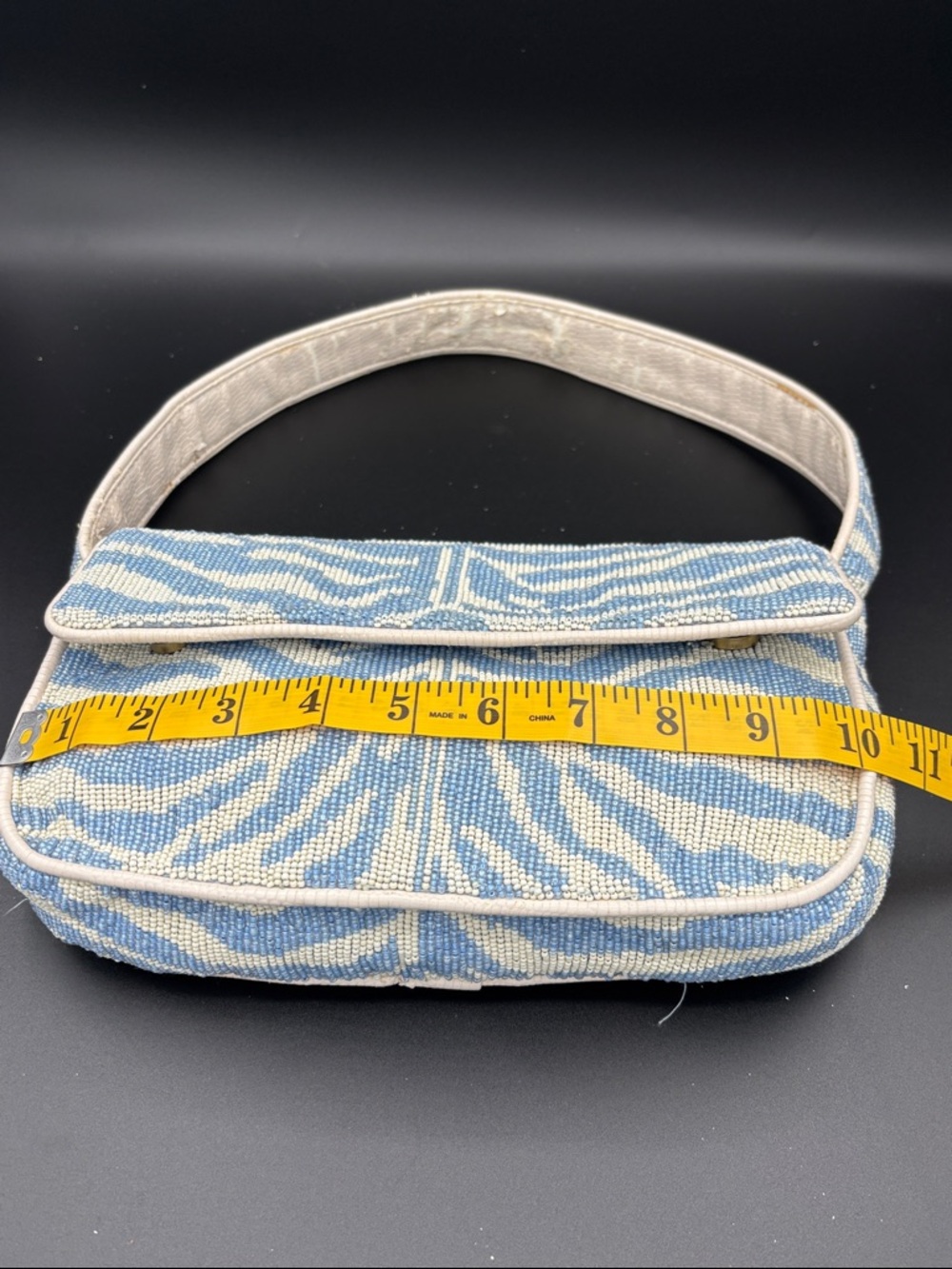 STAUD Tommy Beaded Shoulder Bag - Blue & White - Interior Strap is Peeling Some - Picture 8 of 13